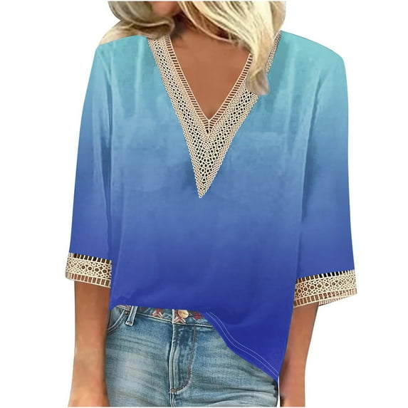 gakvbuo Summer Tops For Women 2025 Trendy Short Sleeve Sexy Lace Trim V Neck Blouses For Women Tops Dressy Casual Spring Pullover Shirts