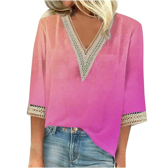 gakvbuo Summer Tops For Women 2025 Trendy Short Sleeve Sexy Lace Trim V Neck Blouses For Women Tops Dressy Casual Spring Pullover Shirts