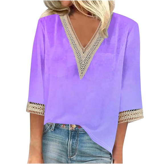 gakvbuo Summer Tops For Women 2025 Trendy Short Sleeve Sexy Lace Trim V Neck Blouses For Women Tops Dressy Casual Spring Pullover Shirts