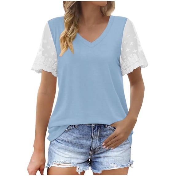 gakvbuo Summer Tops For Women 2025 Vacation Going Out Tops Fashion Woman Casual V-Neck Vintage Solid Mesh Blouse Short Sleeve T-Shirt Summer Tops