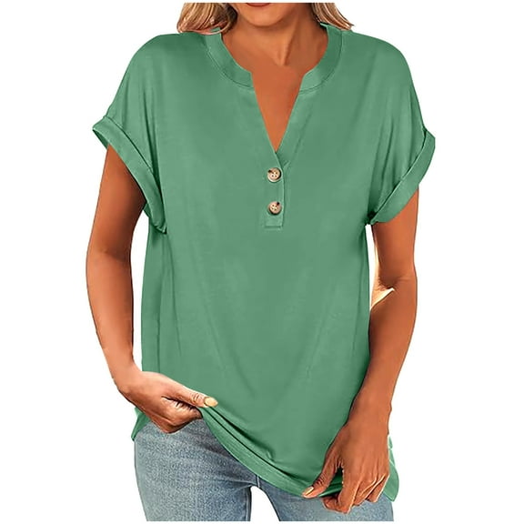 gakvbuo Summer Tops For Women 2025 Vacation Women's Fashion Solid Button Shirt Female V-Neck Loose T-shirt Blouse