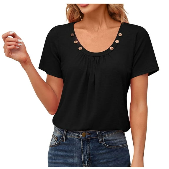 gakvbuo Summer Tops For Women Dressy Short Sleeve Button Scoop Neck Pleated Front T Shirts Loose Fit Tunics Blouse