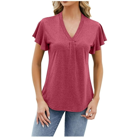 gakvbuo Summer Tops For Womens Tops Loose Ruffle Short Sleeve Pleated Front V Neck Tunic Tops Dressy Blouses T-Shirts