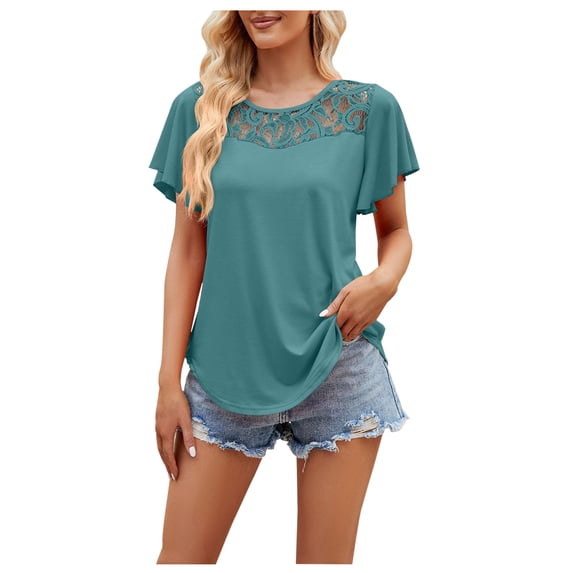 gakvbuo Summer Tops For Womens Tops Shirred Ruffle Short Sleeve Shirts Casual Lace Crew Neck Solid Color Tunic Tops Shirts Tee Blouse