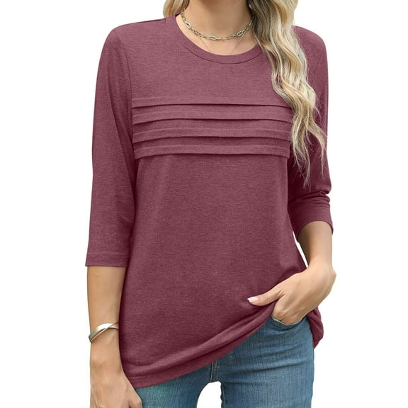 gakvbuo Summer Tops For Women 2025 Vacation 3/4 Sleeve Shirt Tunic Tops Women's Fashion Wrinkled Round Neck 3/4 Sleeve T-shirt Loose-fitting Cropped Sleeve Top