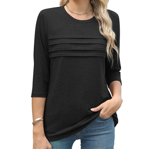 gakvbuo Summer Tops For Women 2025 Vacation 3/4 Sleeve Shirt Tunic Tops Women's Fashion Wrinkled Round Neck 3/4 Sleeve T-shirt Loose-fitting Cropped Sleeve Top