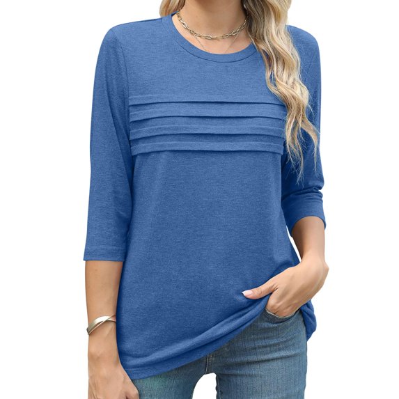 gakvbuo Summer Tops For Women 2025 Vacation 3/4 Sleeve Shirt Tunic Tops Women's Fashion Wrinkled Round Neck 3/4 Sleeve T-shirt Loose-fitting Cropped Sleeve Top