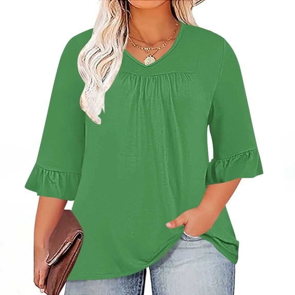 gakvbuo Summer Tops For Women 2025 Vacation Going Out Tops Women's Plus Size Top 3/4 Ruffled Sleeve Shirt Casual V-neck Pleated T-shirt Loose Fitting Shirt