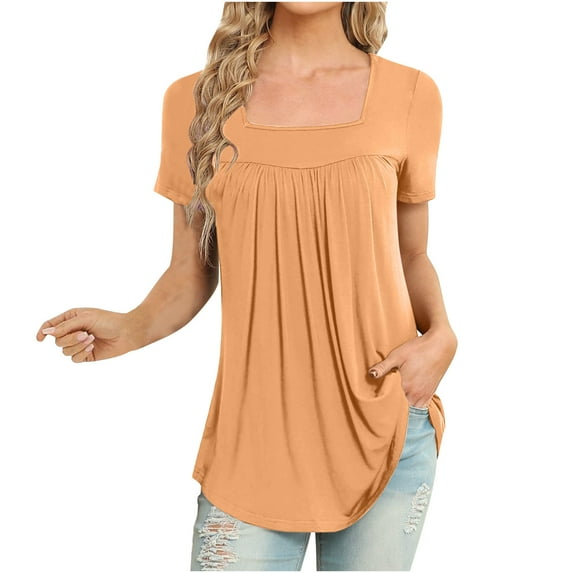 gakvbuo Summer Tunic Tops For Women Tops Short Sleeve Loose Fit Pleated Square Neck Tops Curved Hem Flowy Tshirts Blouses Dressy Casual Clothes Spring Fashion