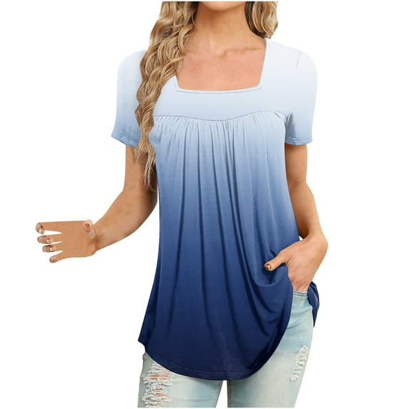 gakvbuo Summer Tunic Tops For Women Tops Short Sleeve Loose Fit Pleated Square Neck Tops Curved Hem Flowy Tshirts Blouses Dressy Casual Clothes Spring Fashion