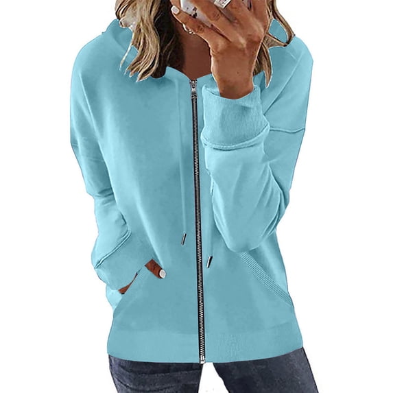 gakvbuo Sweatshirt Jacket for Womens Long Sleeve Loose Drawstring Zipper Open Front Outerwear Blouse Coat Tops Pockets Hooded Blouse