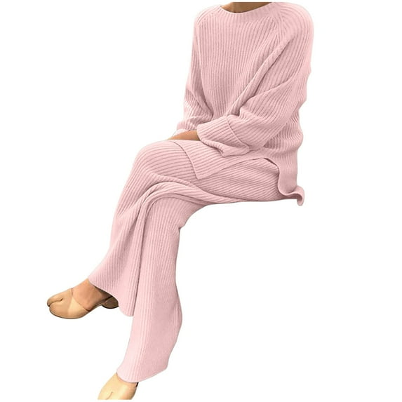 gakvbuo Sweatsuit Set For Women 2 Piece Ribbed Knit Outfits Pajamas Sets Trendy Outfits Solid Color V Neck Long Sleeve Side Split Jumper Pullover Top Wide Leg Pants Lounge Sets With Pockets