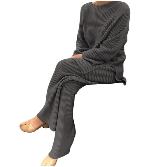 gakvbuo Sweatsuit Set For Women 2 Piece Ribbed Knit Outfits Pajamas Sets Trendy Outfits Solid Color V Neck Long Sleeve Side Split Jumper Pullover Top Wide Leg Pants Lounge Sets With Pockets