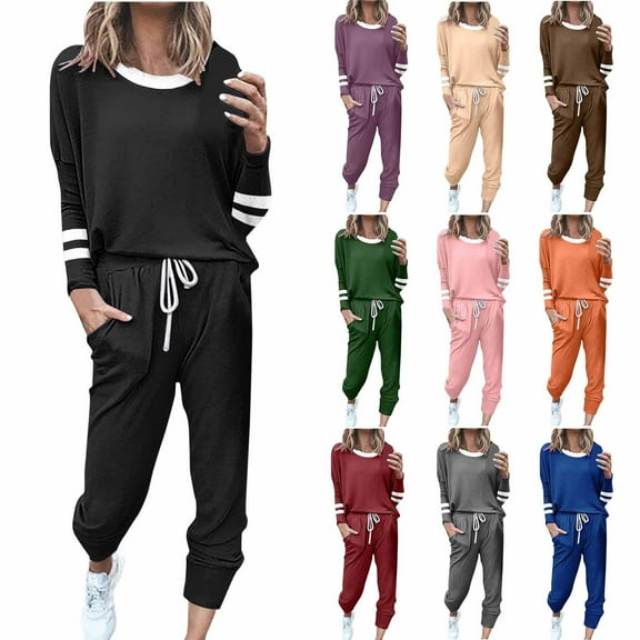 gakvbuo Sweatsuit for Women Loose Fall Outfit Solid Long Sleeve Tops High Waisted Jogger Sport Pants Round Neck Casual Sweatshirts Drawstring Pants Spring Tracksuits Pajama Pullover with Pocket
