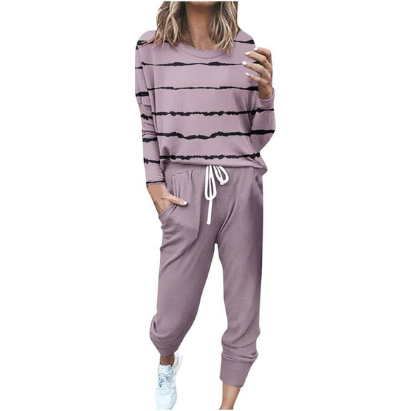 gakvbuo Sweatsuit for Women Loose Fall Outfit Striped Long Sleeve Tops High Waisted Jogger Sport Pants Round Neck Casual Sweatshirts Drawstring Pants Spring Tracksuits Pajama Pullover with Pocket