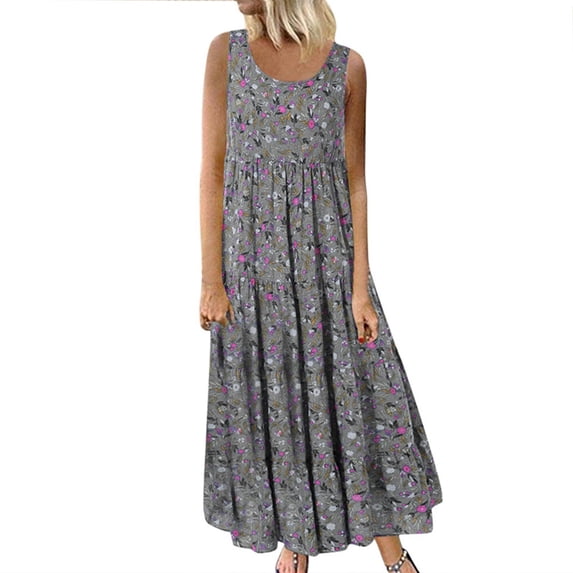 gakvbuo Tank Sun Dresses For Women 2023 Casual Summer Dresses Full-Length Sleeveless Floral Daily Linen Print Long Plus Size Maxi Dress