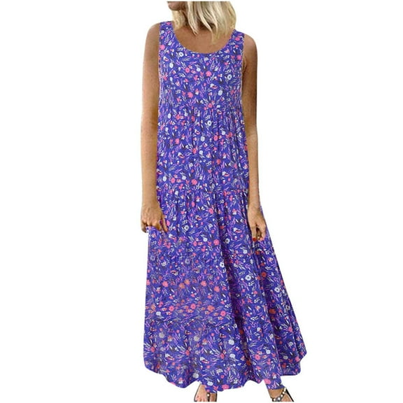 gakvbuo Tank Sun Dresses For Women 2023 Casual Summer Dresses Full-Length Sleeveless Floral Daily Linen Print Long Plus Size Maxi Dress