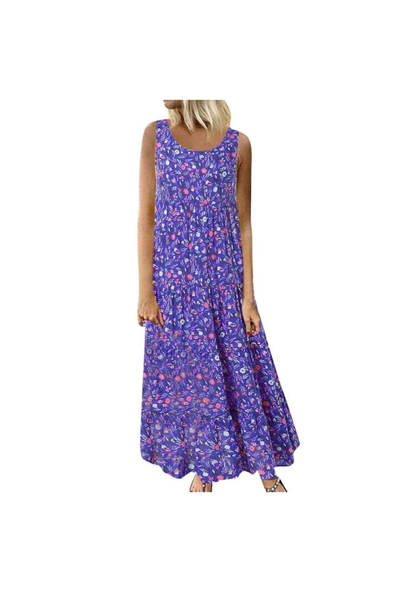 Tank Sun Dresses For Women 2023 Casual Summer Dresses Full-Length Sleeveless Floral Daily Linen Print Long Plus Size Maxi Dress