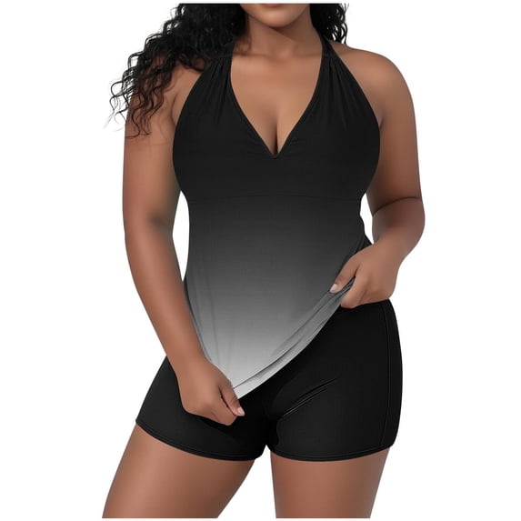 gakvbuo Tankini Swimsuits For Women With Boyshorts Swimwear Two Piece Bathing Suits Women's Plus Size Casual Solid Color Split Back Strappy Adjustable Top With Built-in Bralette Swimwear Set