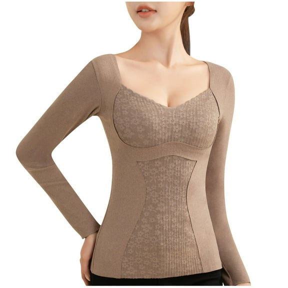 gakvbuo Thermal Underwear Tops for Women Long Sleeves Undershirt Cotton Camisole Warm Base Layer Seamless Thickened Underwear Bottoming Top