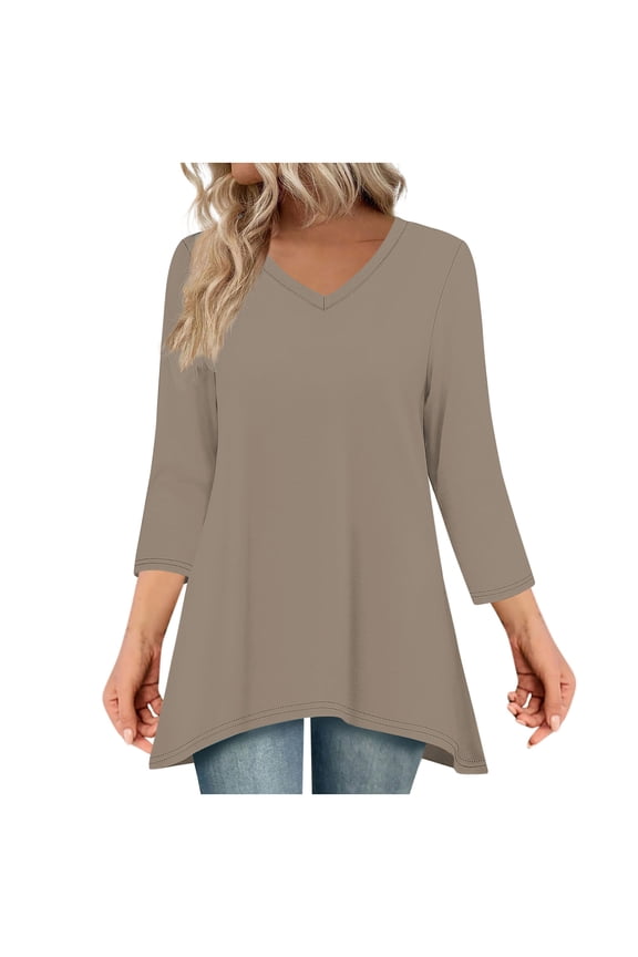 Tunic Tops for Women Loose Dressy 3/4 Sleeve Tops V-Neck Flowy Shirts Long Blouse To Wear With Leggings