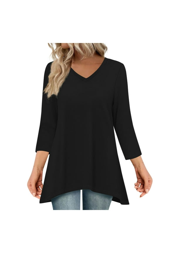 Tunic Tops for Women Loose Dressy 3/4 Sleeve Tops V-Neck Flowy Shirts Long Blouse To Wear With Leggings