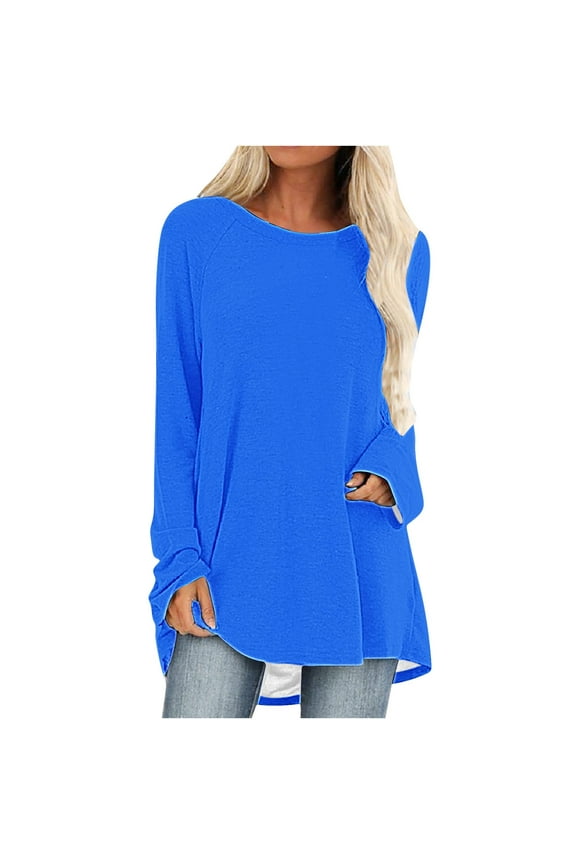 Tunics Tops For Women To Wear With Leggings Casual Round Neck Sweatshirt Solid Color Long Fit Pullover Shirts Loose Long Sleeve Blouse Tshirt
