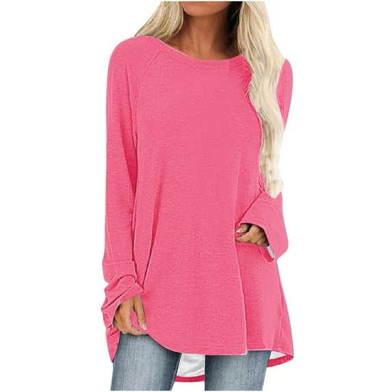 gakvbuo Tunics Tops For Women To Wear With Leggings Casual Round Neck Sweatshirt Solid Color Long Fit Pullover Shirts Loose Long Sleeve Blouse Tshirt