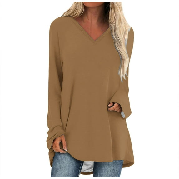 gakvbuo Tunics Tops For Women To Wear With Leggings Casual V Neck Sweatshirt Solid Color Long Fit Pullover Shirts Loose Long Sleeve Blouse Tshirt