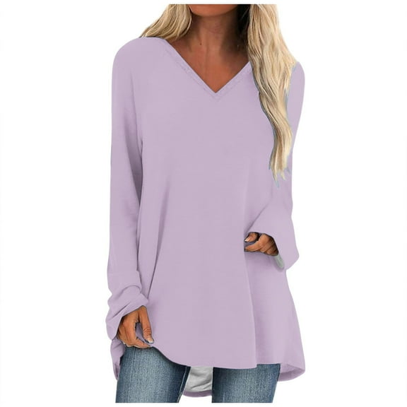 gakvbuo Tunics Tops For Women To Wear With Leggings Casual V Neck Sweatshirt Solid Color Long Fit Pullover Shirts Loose Long Sleeve Blouse Tshirt