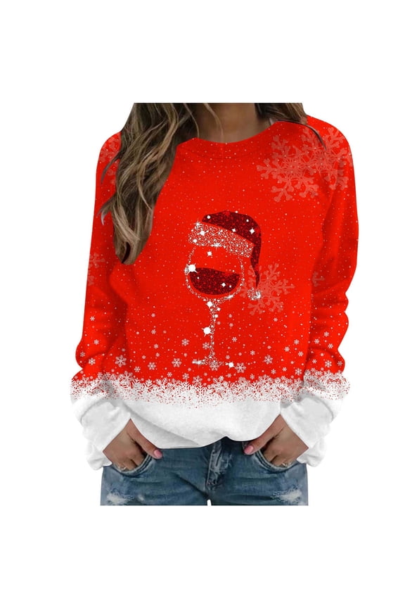 Christmas Sweater for Women Funny Christmas Sweatshirt Crewneck Xmas Print Long Sleeve Blouse Party Pullover Sweatshirt Tunic Tops Hoodless Shoulder Sweatshirt Gifts for Christmas