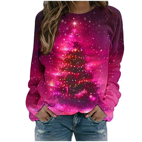 gakvbuo Ugly Christmas Sweater for Women 2024 Funny Christmas Sweatshirt Crewneck Xmas Print Long Sleeve Blouse Party Pullover Sweatshirt Tunic Tops Hoodless Shoulder Sweatshirt Gifts for Christmas