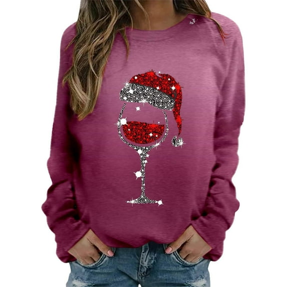 gakvbuo Christmas Sweater for Women Funny Christmas Sweatshirt Crewneck Xmas Print Long Sleeve Blouse Party Pullover Sweatshirt Tunic Tops Hoodless Shoulder Sweatshirt Gifts for Christmas