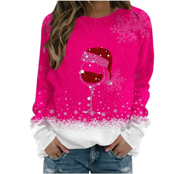 gakvbuo Christmas Sweater for Women Funny Christmas Sweatshirt Crewneck Xmas Print Long Sleeve Blouse Party Pullover Sweatshirt Tunic Tops Hoodless Shoulder Sweatshirt Gifts for Christmas