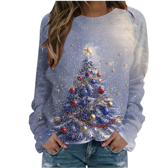 gakvbuo Christmas Sweater for Women Funny Christmas Sweatshirt Crewneck Xmas Print Long Sleeve Blouse Party Pullover Sweatshirt Tunic Tops Hoodless Shoulder Sweatshirt Gifts for Christmas