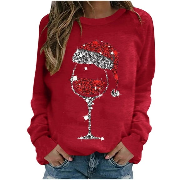 gakvbuo Ugly Christmas Sweater for Women 2024 Funny Christmas Sweatshirt Crewneck Xmas Print Long Sleeve Blouse Party Pullover Sweatshirt Tunic Tops Hoodless Shoulder Sweatshirt Gifts for Christmas