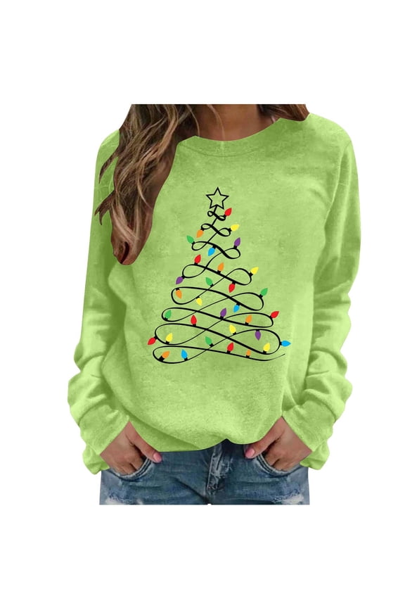Christmas Sweater for Women Funny Christmas Sweatshirt Crewneck Xmas Print Long Sleeve Blouse Party Pullover Sweatshirt Tunic Tops Hoodless Shoulder Sweatshirt Gifts for Christmas