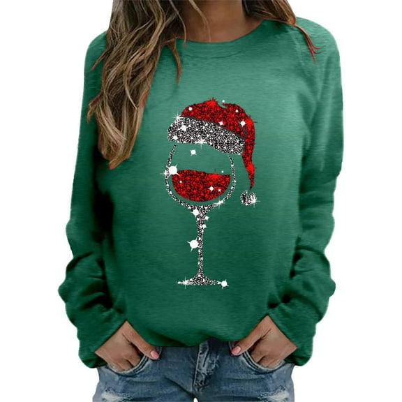 gakvbuo Christmas Sweater for Women Funny Christmas Sweatshirt Crewneck Xmas Print Long Sleeve Blouse Party Pullover Sweatshirt Tunic Tops Hoodless Shoulder Sweatshirt Gifts for Christmas