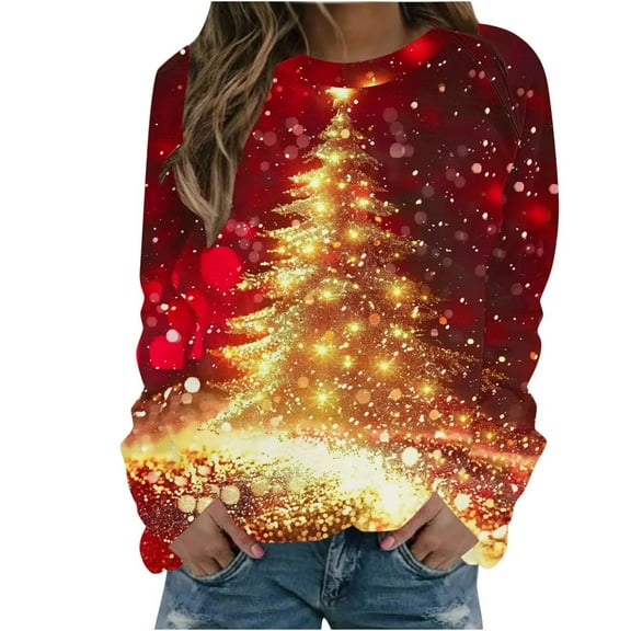 gakvbuo Christmas Sweater for Women Christmas Sweatshirt Crewneck Print Long Sleeve Blouse Pullover Sweatshirt Tunic Tops Hoodless Sweatshirt