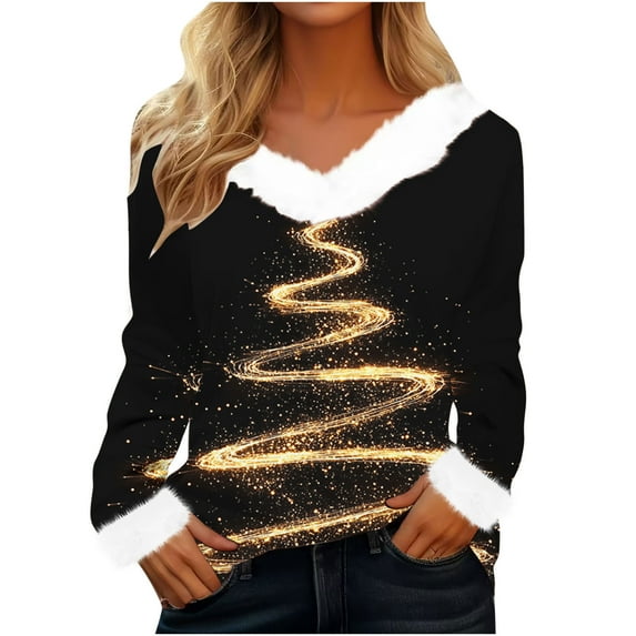 gakvbuo Ugly Christmas Sweater for Women 2024 Funny Christmas Sweatshirt Crewneck Xmas Print Long Sleeve Blouse Party Pullover Sweatshirt Tunic Tops Hoodless Shoulder Sweatshirt Gifts for Christmas