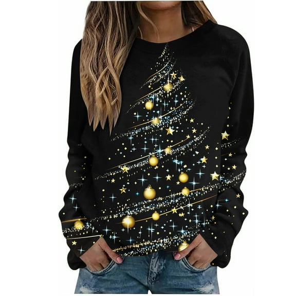 gakvbuo Ugly Christmas Sweater for Women 2024 Funny Christmas Sweatshirt Crewneck Xmas Print Long Sleeve Blouse Party Pullover Sweatshirt Tunic Tops Hoodless Shoulder Sweatshirt Gifts for Christmas