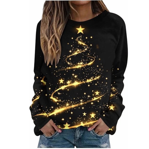gakvbuo Ugly Christmas Sweater for Women 2024 Funny Christmas Sweatshirt Crewneck Xmas Print Long Sleeve Blouse Party Pullover Sweatshirt Tunic Tops Hoodless Shoulder Sweatshirt Gifts for Christmas