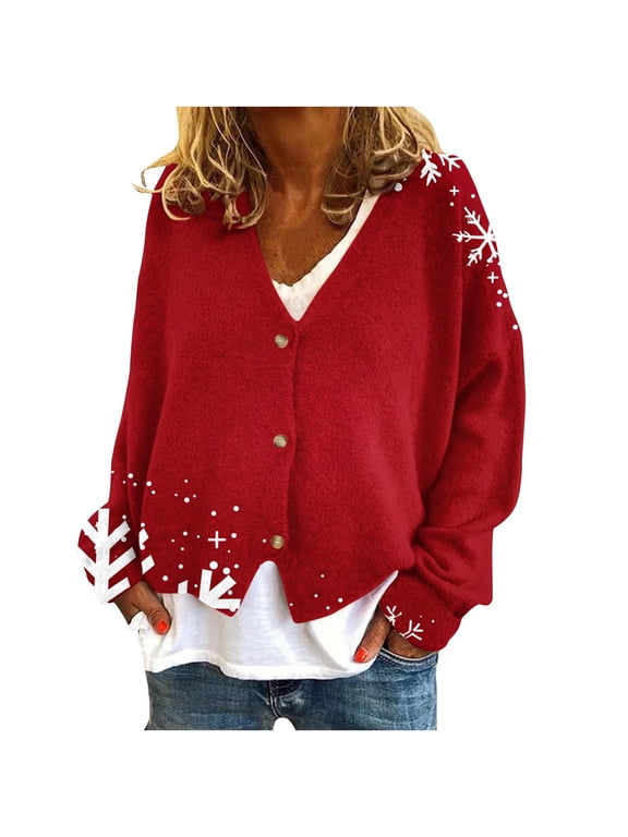 Ugly Christmas Sweater for Women Christmas Cardigans Long Sleeve Fall Oversized Open Front Button Down Knit Cardigan Sweaters V-Neck Lightweight Cardigans Knit Outerwear Jacket Tops