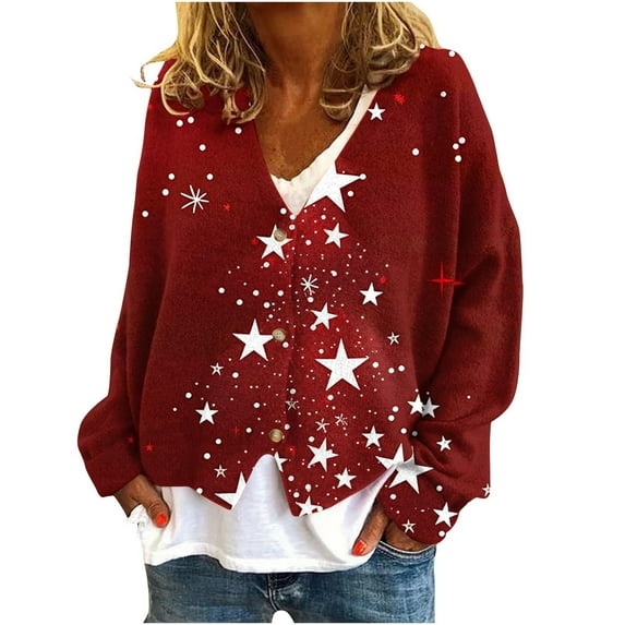 gakvbuo Ugly Christmas Sweater for Women Christmas Cardigans Long Sleeve Fall Oversized Open Front Button Down Knit Cardigan Sweaters V-Neck Lightweight Cardigans Knit Outerwear Jacket Tops