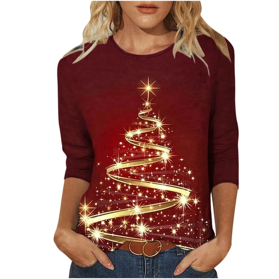 gakvbuo Christmas Sweatshirt For Women Funny Christmas 3/4 Sleeve Work Business Blouse Tunic Tops Crewneck Sports TShirts Pullover Sweatshirt For Women Gifts for Christmas