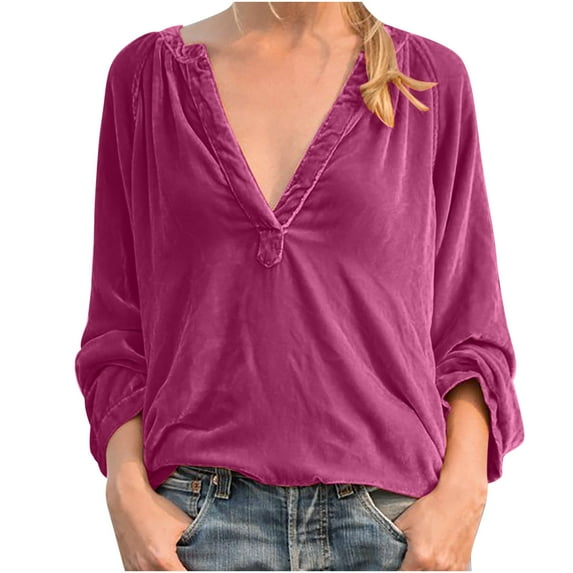 gakvbuo Velvet Button Down Shirts For Women Dressy Fashion Women's Casual Long Sleeve V Neck Loose Shirt Blouse Tops