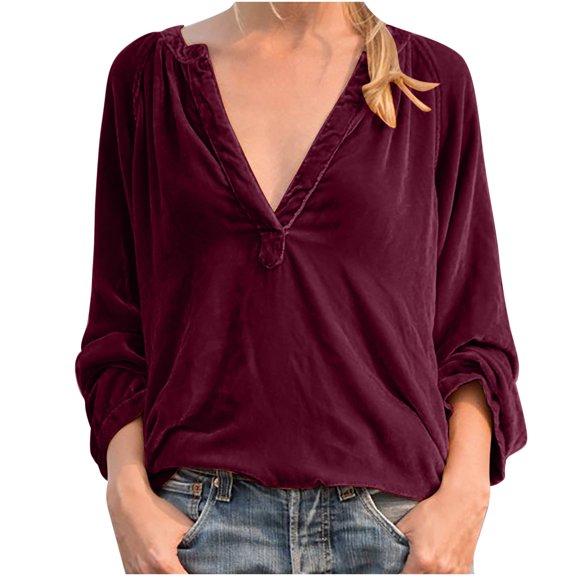 gakvbuo Velvet Button Down Shirts For Women Dressy Fashion Women's Casual Long Sleeve V Neck Loose Shirt Blouse Tops