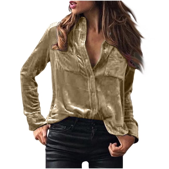 gakvbuo Velvet Tunic Tops For Women Dressy Tops Vintage Long Sleeve Tunic Tees Casual Button Down Pocket V Neck T Shirt Solid Color Comfy Soft Blouse