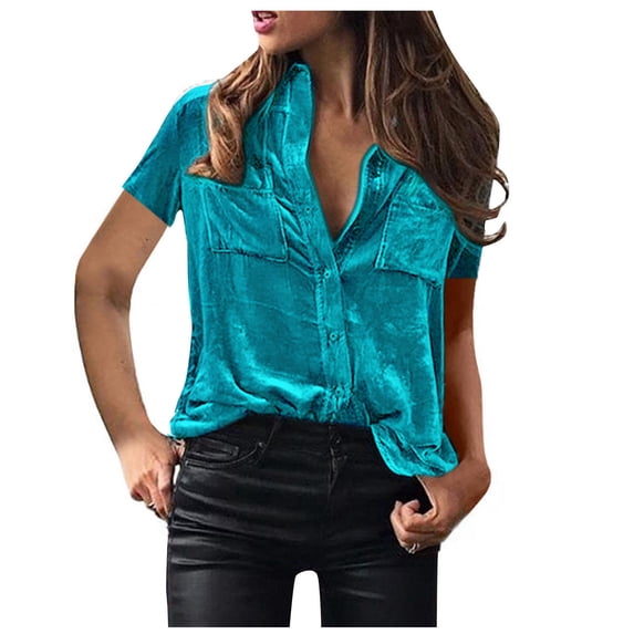gakvbuo Velvet Tunic Tops For Women Dressy Tops Vintage Short Sleeve Button Down Summer T-Shirts Casual Pocket V Neck T Shirt Solid Color Soft Blouse