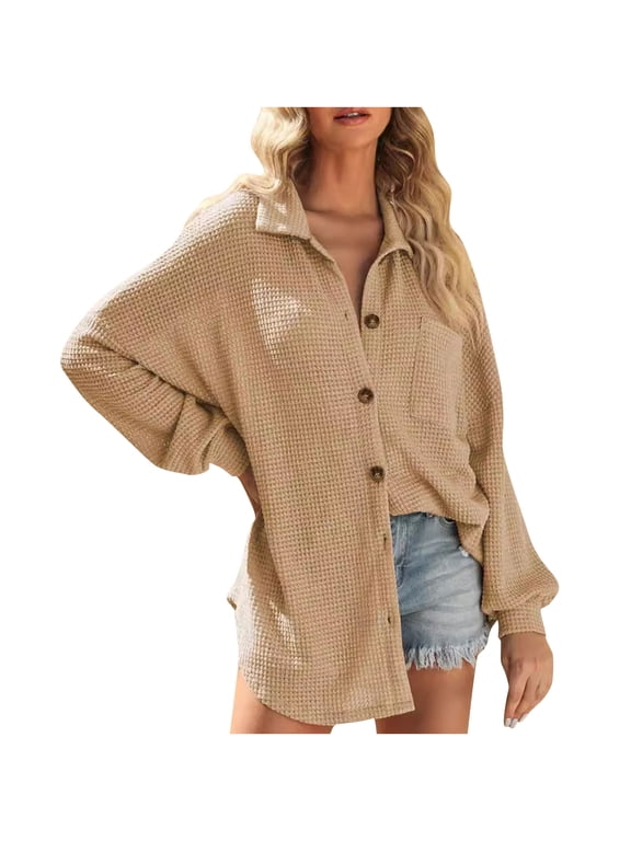 Waffle Button Down Shirts for Women Fall Dressy Casual Long Sleeve Plaid Work Shacket V Neck Button Up Business Blouse Top Lightweight Waffle Knit Shacket Jacket Tops with Pocket